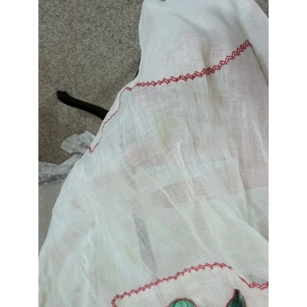 Vintage 1940's White Linen Half Apron Floral Embroidery Red Rickrack Trim Pocket
